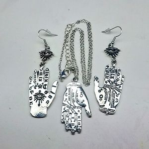 Palmistry Palm Reading Dangle Earring and Necklace Set Silver Tone